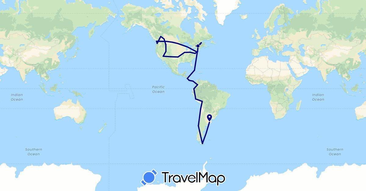TravelMap itinerary: driving in Argentina, Bolivia, Canada, Chile, Colombia, Costa Rica, Cuba, Ecuador, Nicaragua, Panama, Peru, United States (North America, South America)